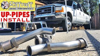 2001 F350 73  RiffRaff UpPipes Install  Stock up pipes leaking and falling apart JUNK SP [upl. by Lihp957]