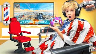 9 Year Old Plays WARZONE While Getting A Haircut At The Barbershop [upl. by Atterahs]